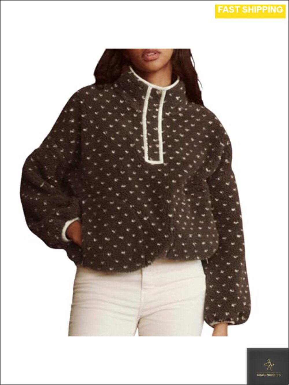 Womens Fleece Pullover Sherpa High Neck Snap Button Jacket Fuzzy
